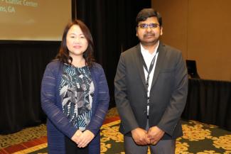 Hea Jin Park, left, and Ramviyas Parasuraman received this year's CURO Research Mentoring Award. (Photo by Stephanie Schupska)