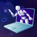 Image of Artificial Intelligence, robot coming out of a laptop infographic